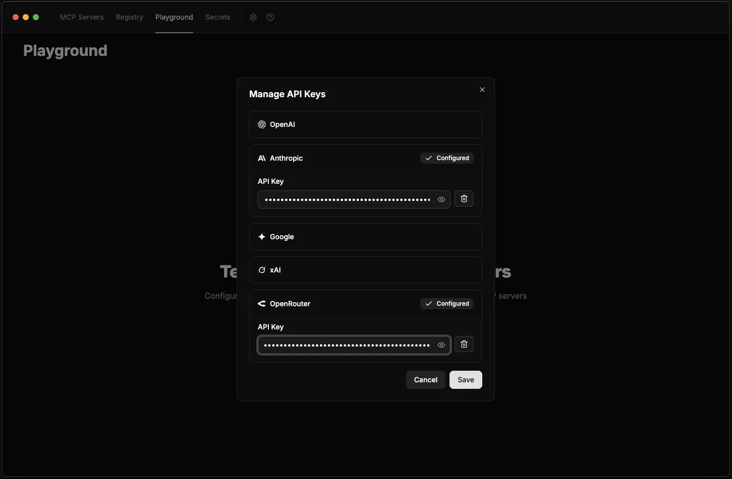 ToolHive Playground API keys configuration