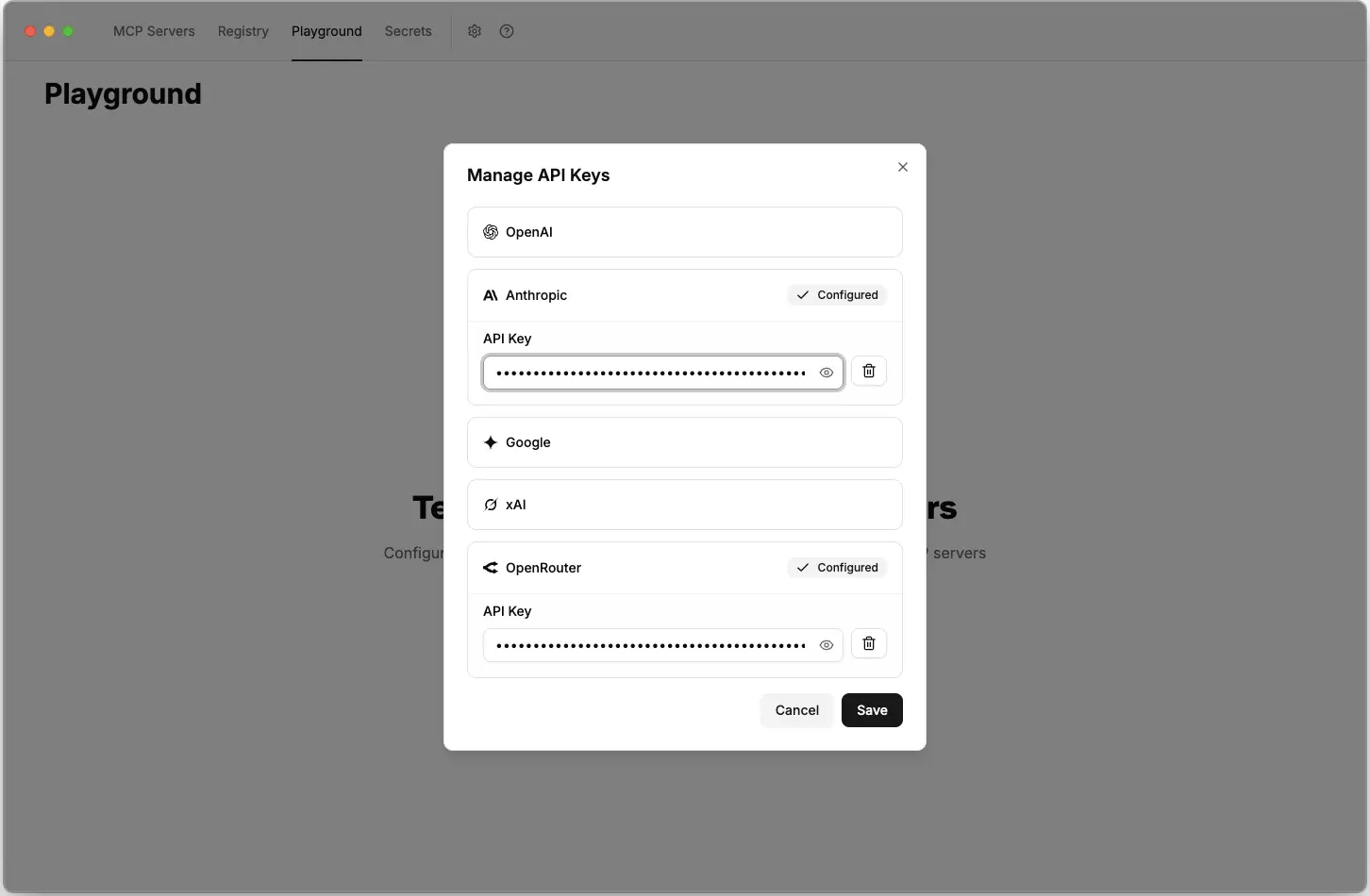 API keys configuration modal ToolHive Playground API keys configuration