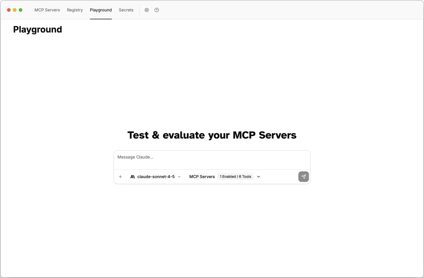 Playground chat interface in action ToolHive Playground chat interface with AI model and MCP tools